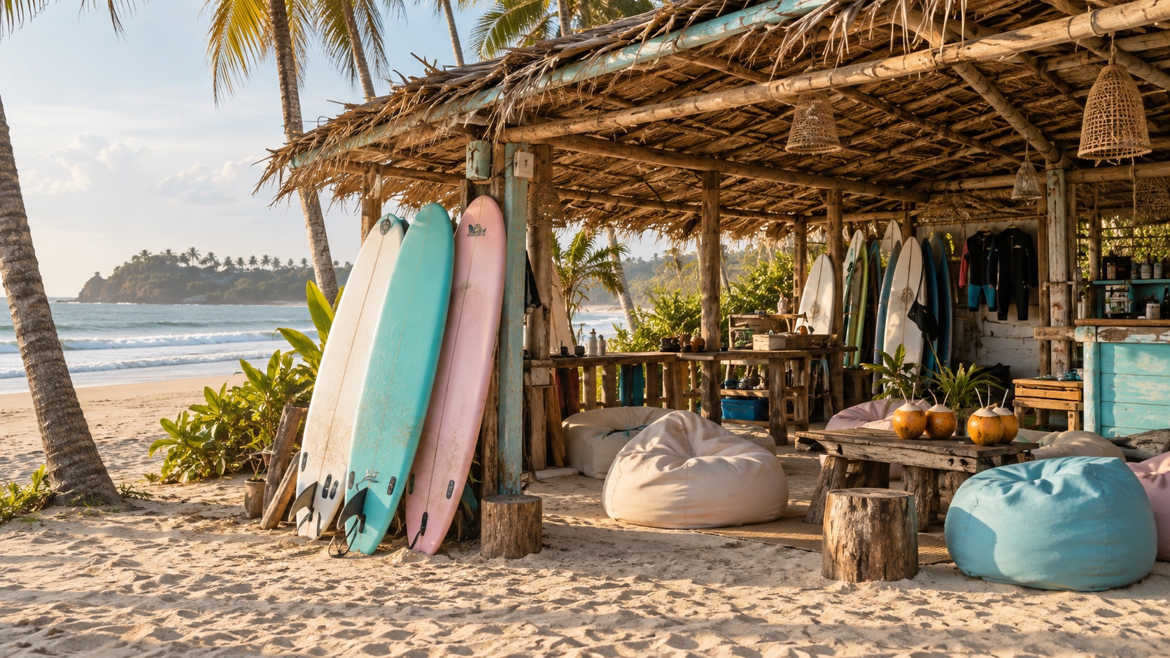 A relaxed Weligama surf hut with bean bags, surfboards and king coconuts beside the beach
