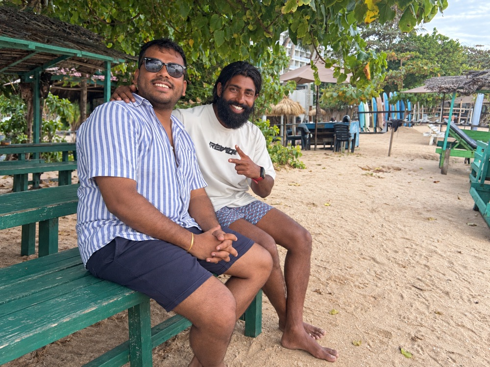 Sugar Coliving founder Praveen Ariyaratne and Adare Waves founder Lahiru Pathum together at Weligama beach