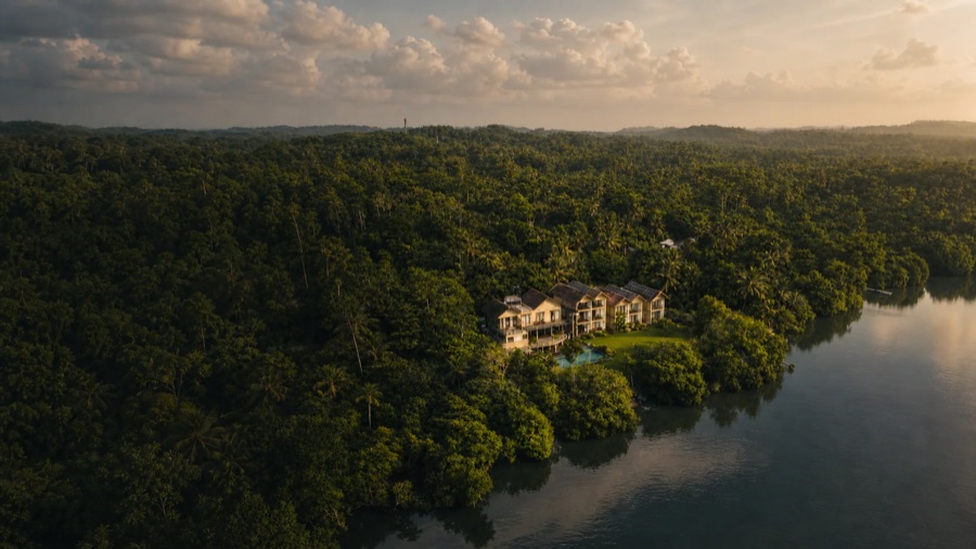 Aerial view across the pool and lake at Zen Koggala by Sugar